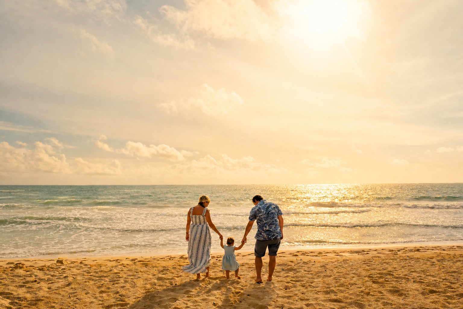 A family of three holding hands walking on a sandy beach during sunset, with the ocean and a partly cloudy sky in the background.