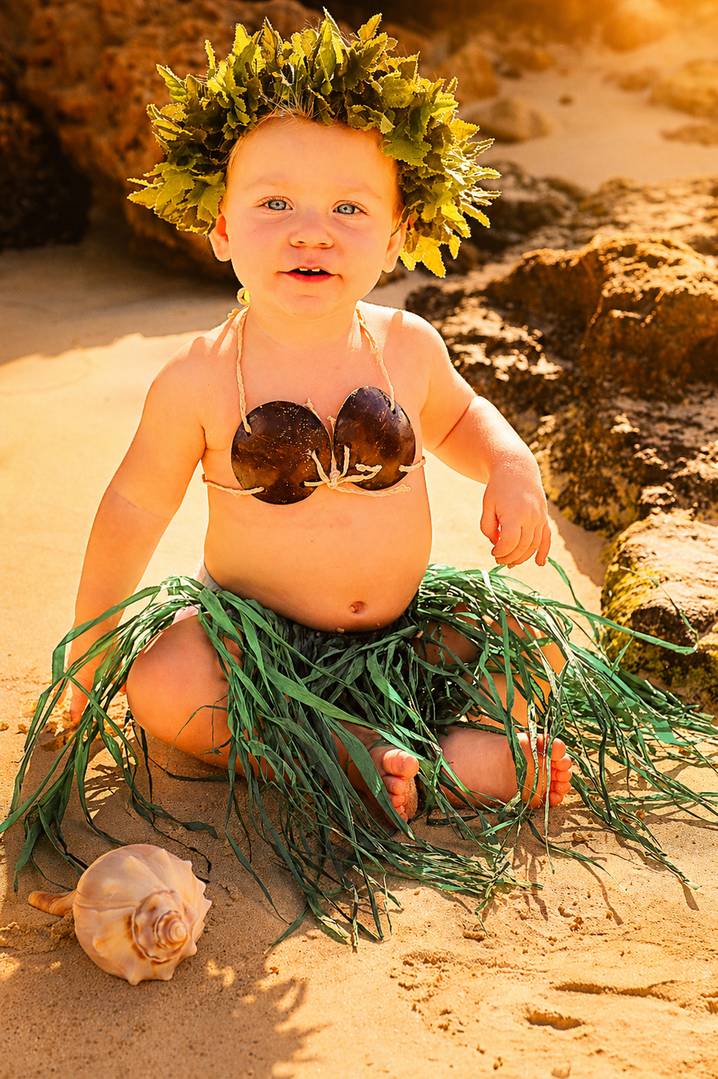 A young child sitting on the sand at the beach, wearing a leaf crown, shell top, and grass skirt, with seashells on the sand nearby.