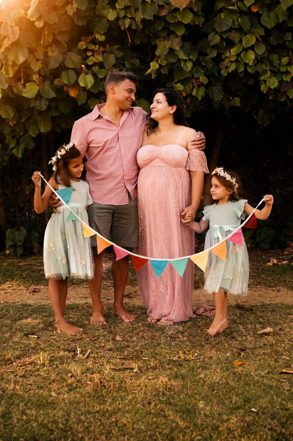A family standing outdoors during sunset, with a pregnant woman wearing a pink lace dress, a man in a pink button-up shirt and gray shorts, and two young girls in pastel dresses with flower crowns, holding a colorful bunting banner.