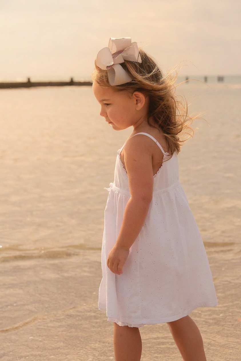 A young girl in a white dress with a large white bow in her hair, standing on the beach near the water during sunset.