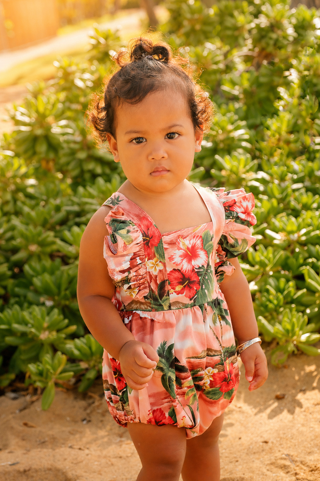 Young girl with curly hair in a bun wearing a tropical floral dress, standing outdoors on sandy ground with green shrubbery in the background.