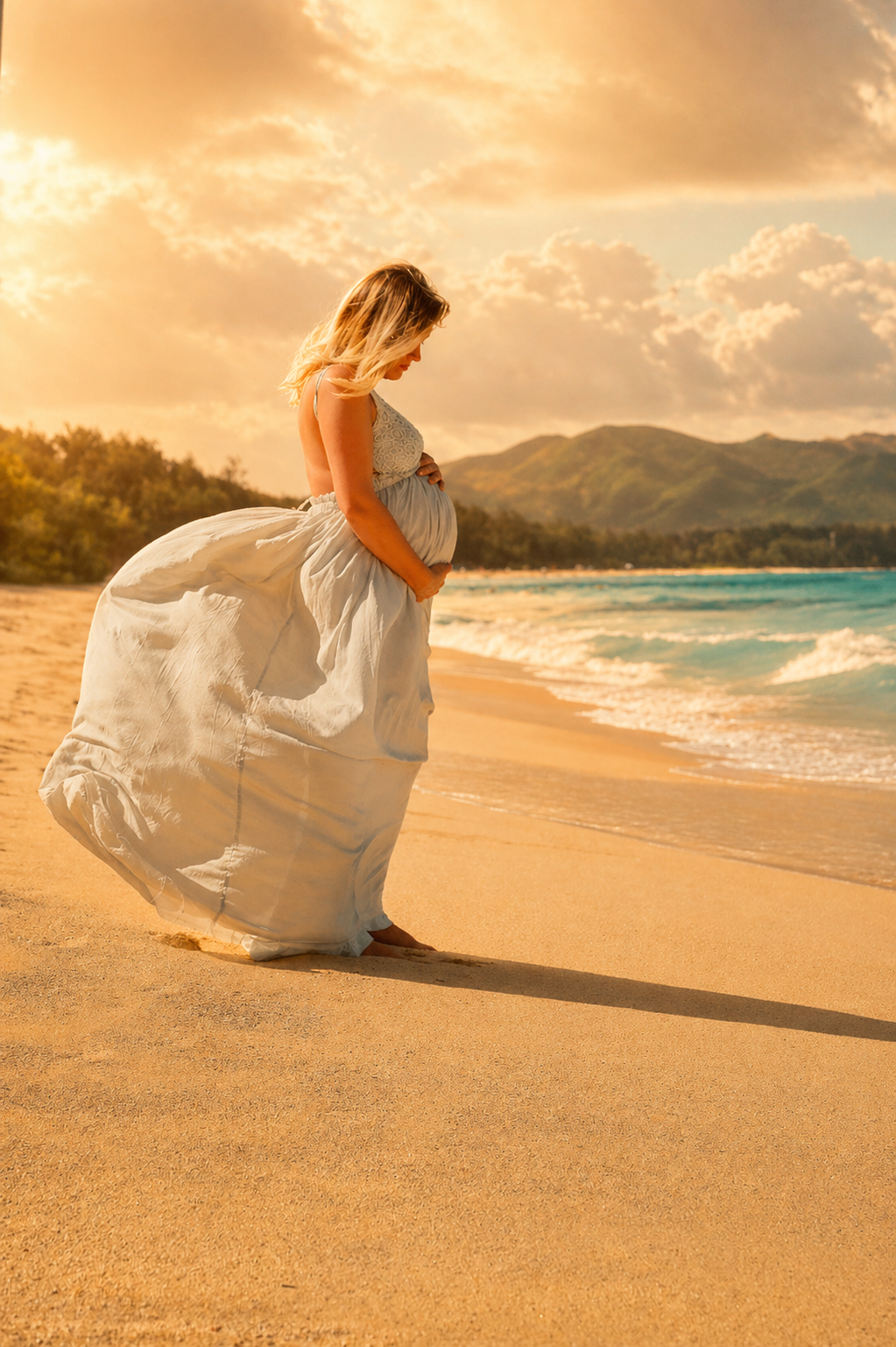 A pregnant woman in a flowing white dress standing barefoot on a sandy beach during sunset, holding her belly and looking down.