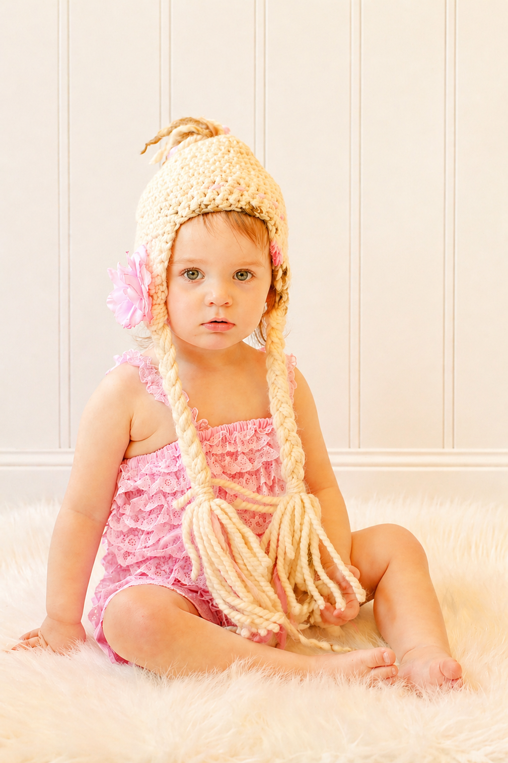 A young girl sits on a soft cream-colored rug against a white-paneled wall. She wears a pink ruffled dress and a cream-colored knitted hat with long braided tassels and pink flowers.