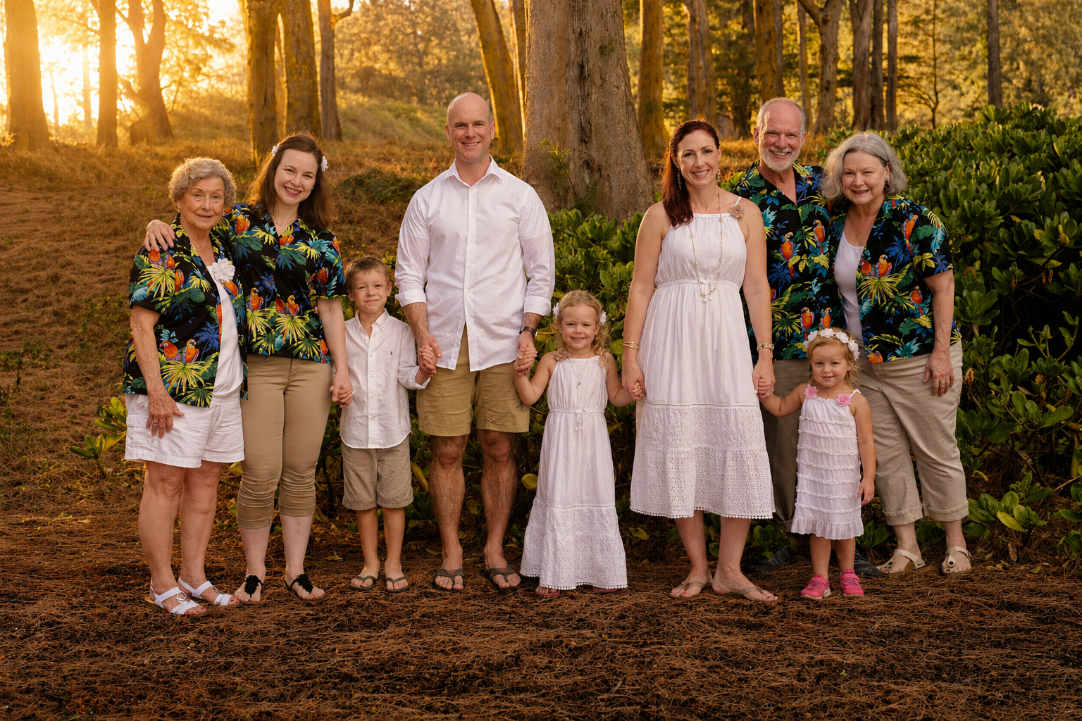 Family photo in a wooded outdoor setting during sunset, with three generations including elderly women, middle-aged adults, and children, all dressed in summer attire with some wearing matching Hawaiian shirts.