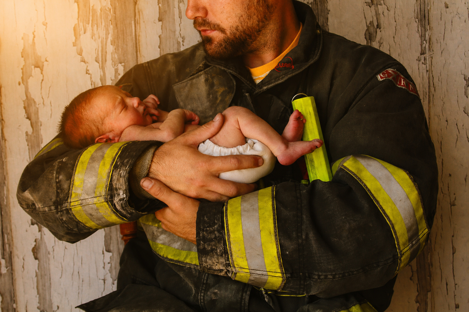 Firefighter holding a newborn baby in a close embrace.