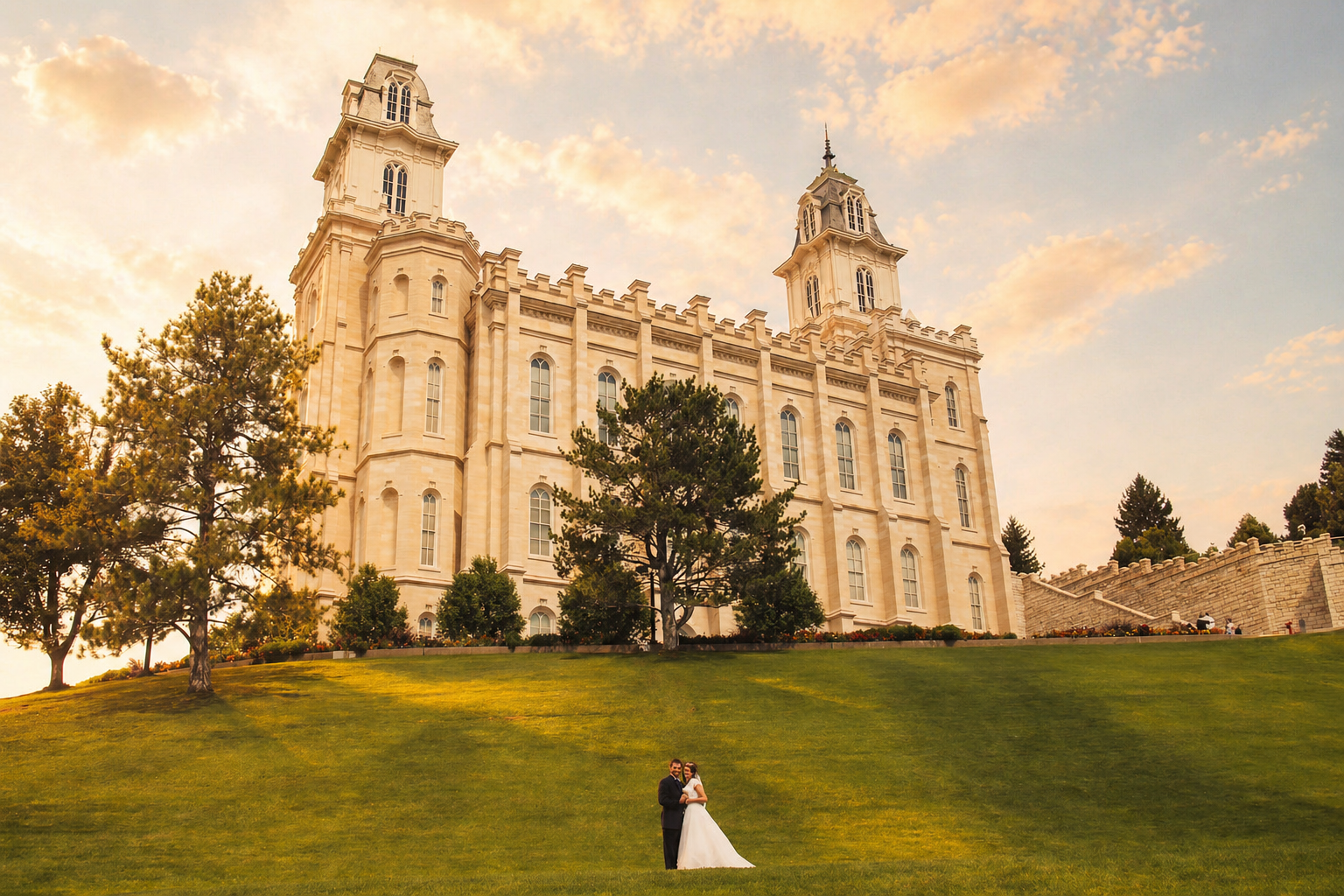A bride and groom standing on a grassy hill in front of a large, historic white castle with two towers, trees, and a partly cloudy sky at sunset.