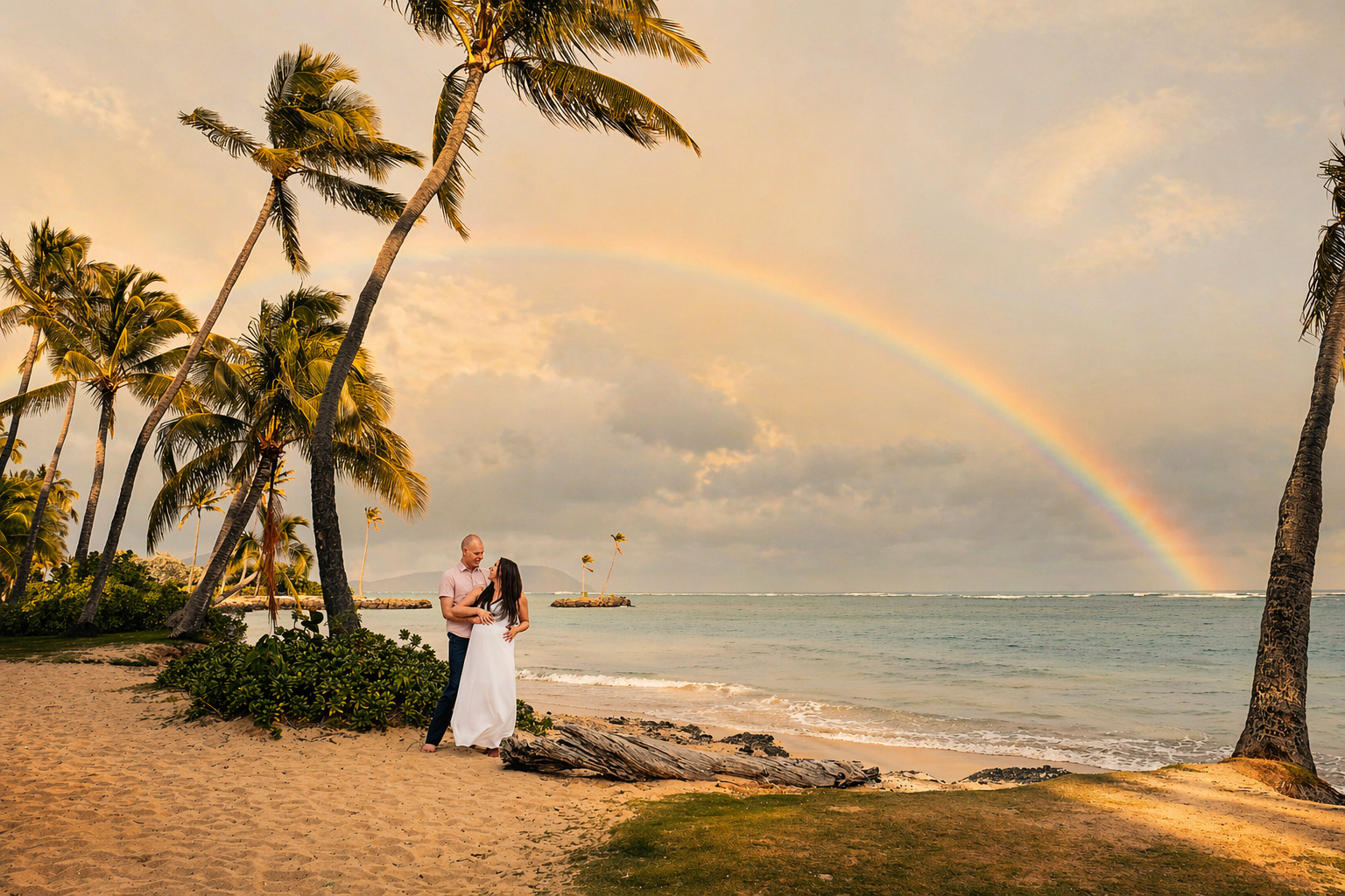 A couple standing on a beach under tall palm trees, with a rainbow in the sky over the ocean during sunset.