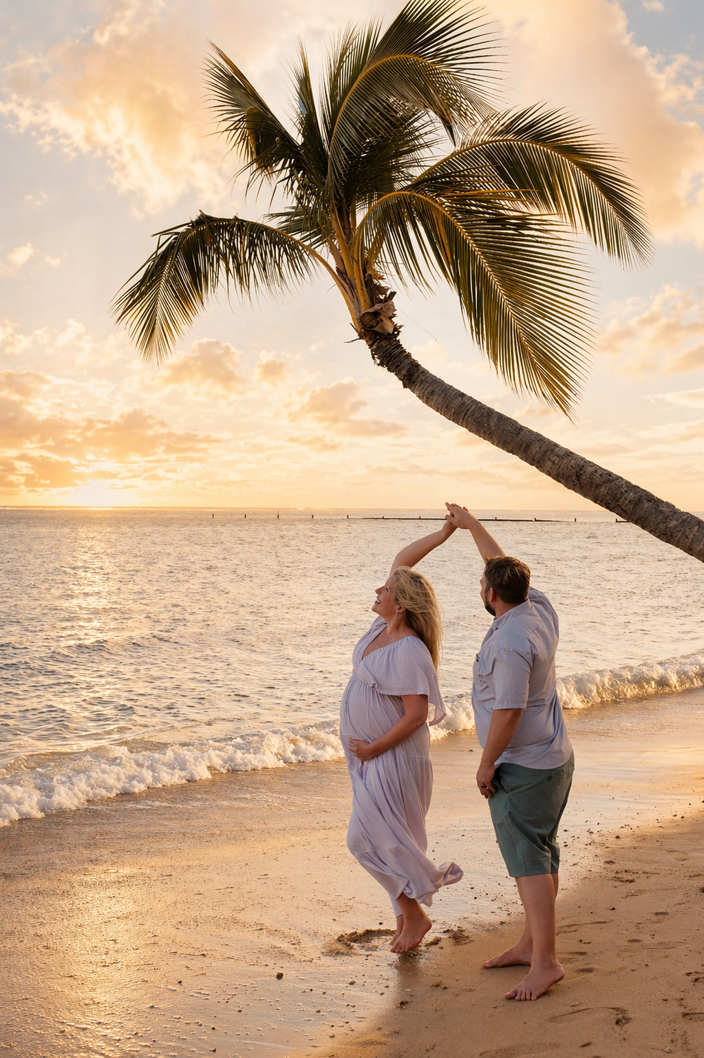 A pregnant woman and a man are dancing on a sandy beach near the water during sunset, with a palm tree leaning over them.