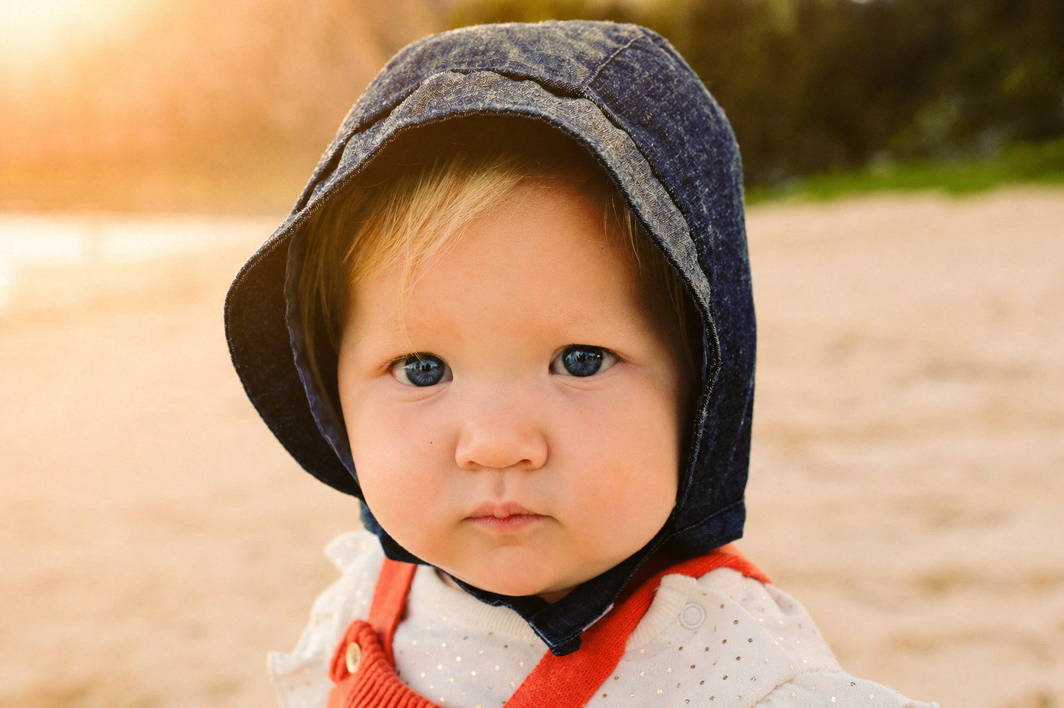 Close-up of a young child with blue eyes, wearing a dark blue hooded jacket, with a blurred outdoor background.