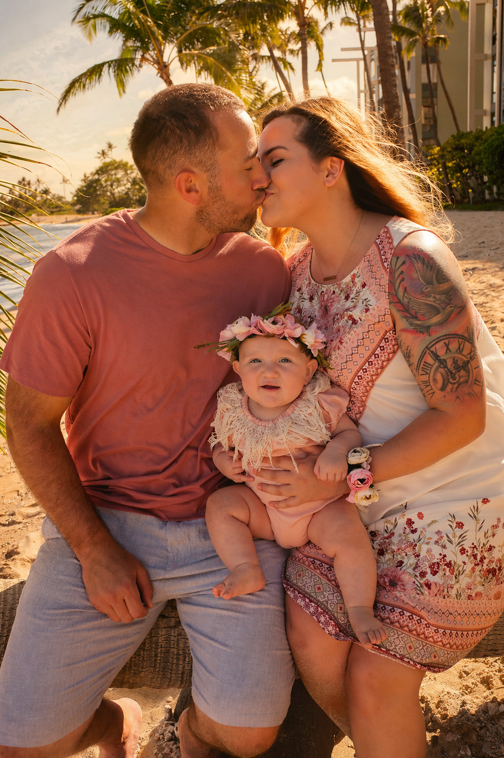 A family of three on a sandy beach, kissing, with the sun setting behind palm trees. The mother is holding a smiling baby girl wearing a pink dress and a flower crown, while the father is sitting beside them.