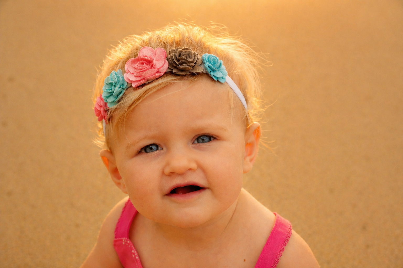 Close-up of a smiling baby girl with blue eyes, wearing a pink sleeveless top and a colorful flower headband, sitting outside during sunset.