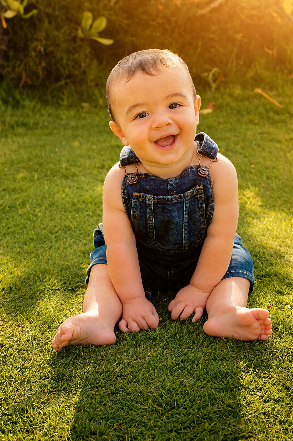 A smiling baby sitting on green grass during sunset, wearing denim overalls.