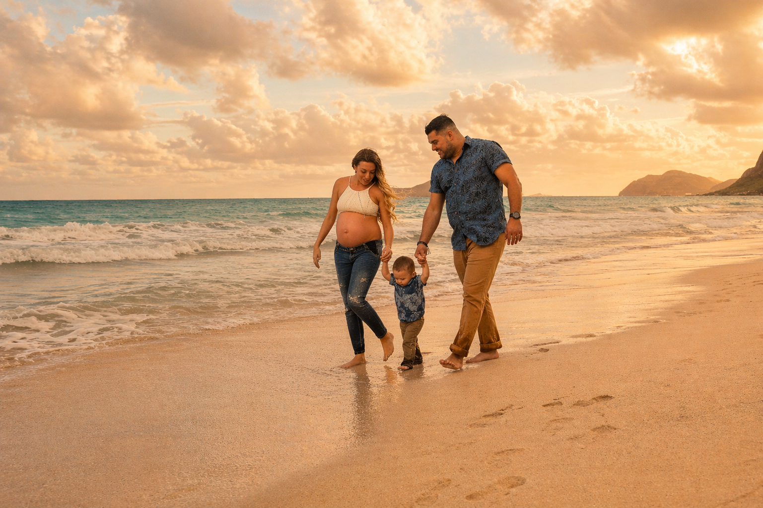 A family of three, including a pregnant woman, a man, and a small child, walking hand-in-hand along the beach at sunset, with waves and mountains in the background.