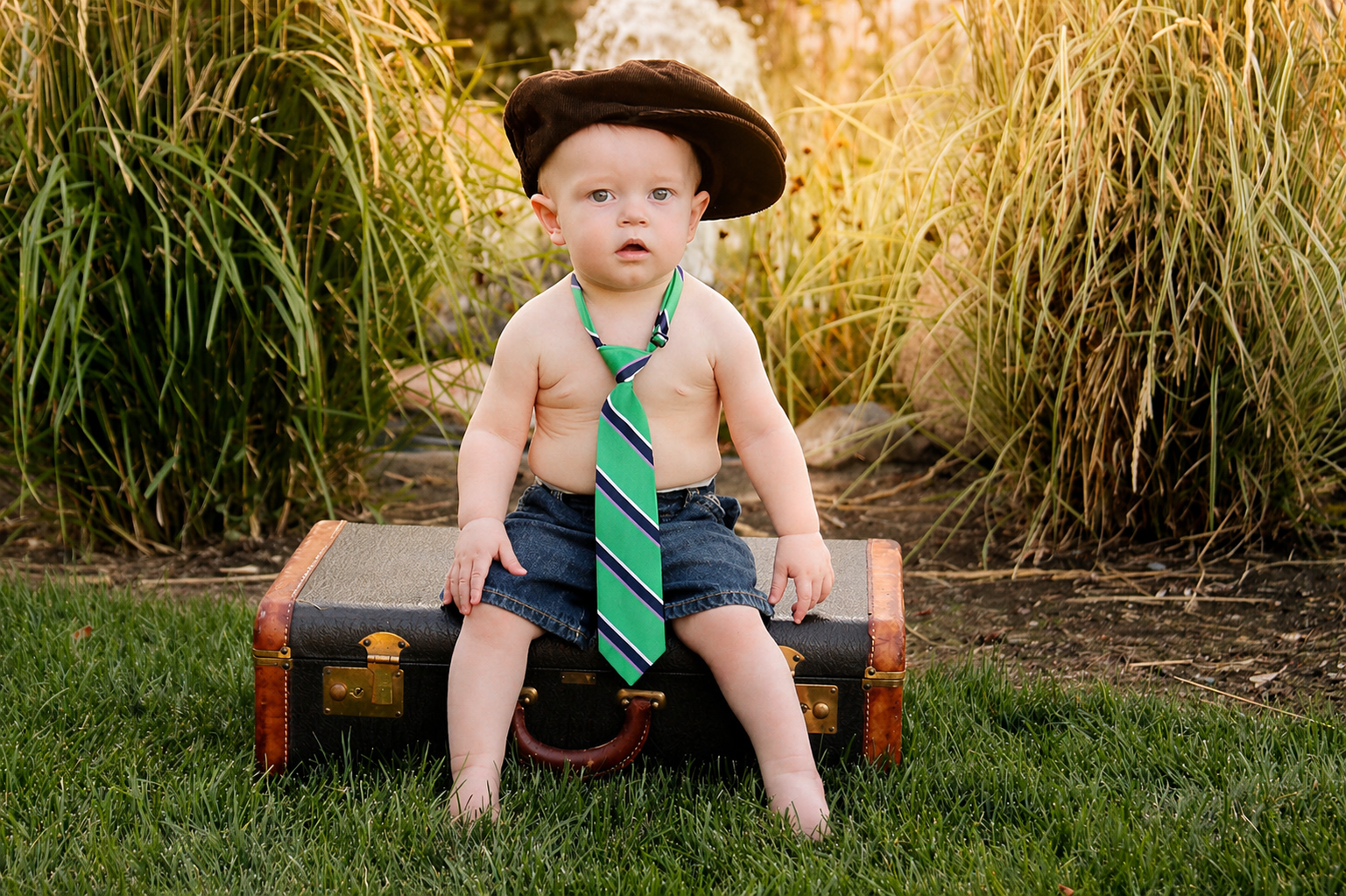 A young toddler sitting shirtless on a vintage suitcase outdoors, wearing a large dark hat and a green and navy striped necktie, with tall grasses and plants in the background.
