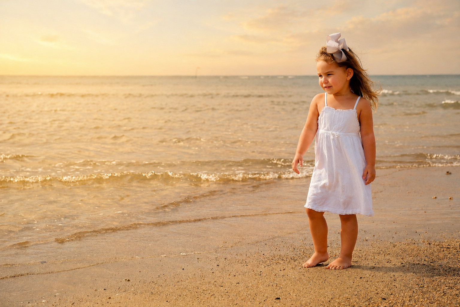 A young girl in a white dress with a large bow in her hair walking on the beach at sunset.
