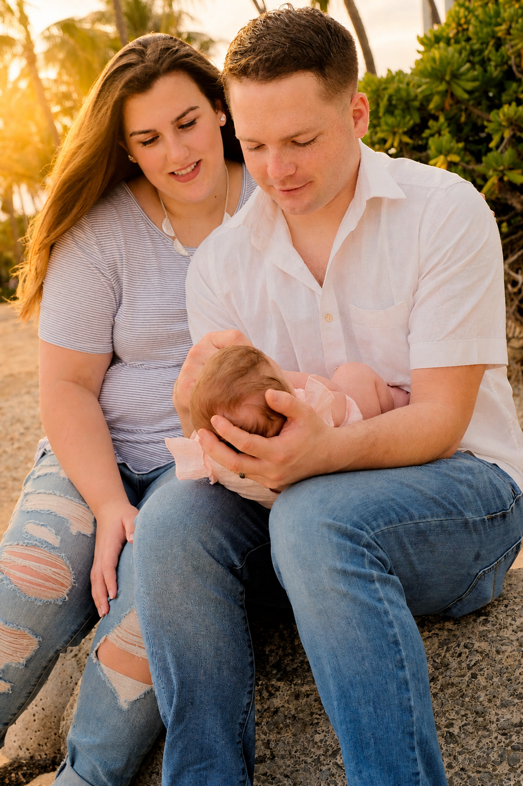 A young couple sitting on a rocky beach girl holding a newborn baby, with palm trees and sunset in the background.