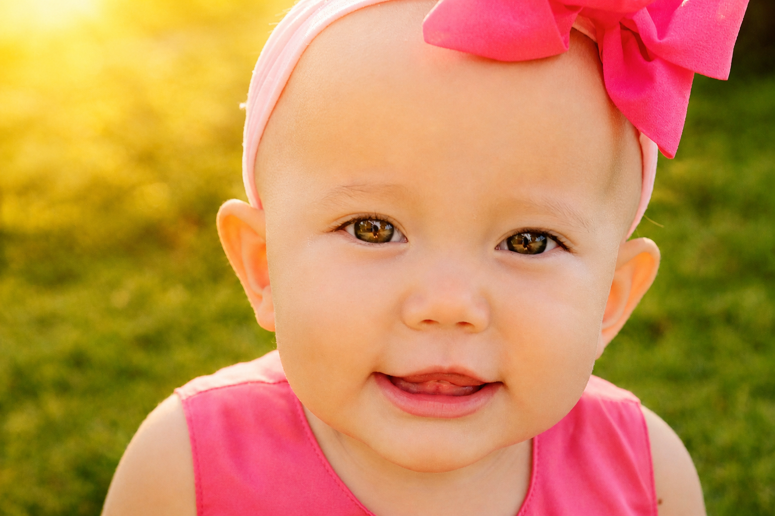 Close-up of a smiling baby girl outdoors in sunlight, wearing a pink headband with a bow and a pink sleeveless top, with a blurred green background.