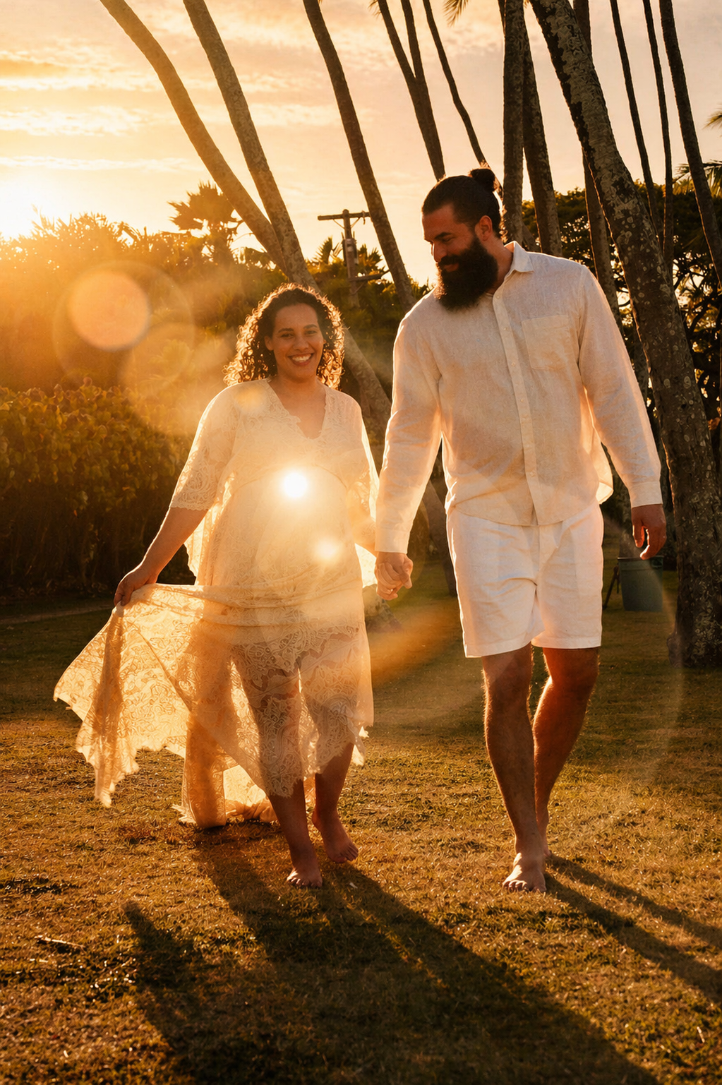 A happy couple walking hand in hand on a grassy area during sunset, with palm trees in the background, wearing white clothing.