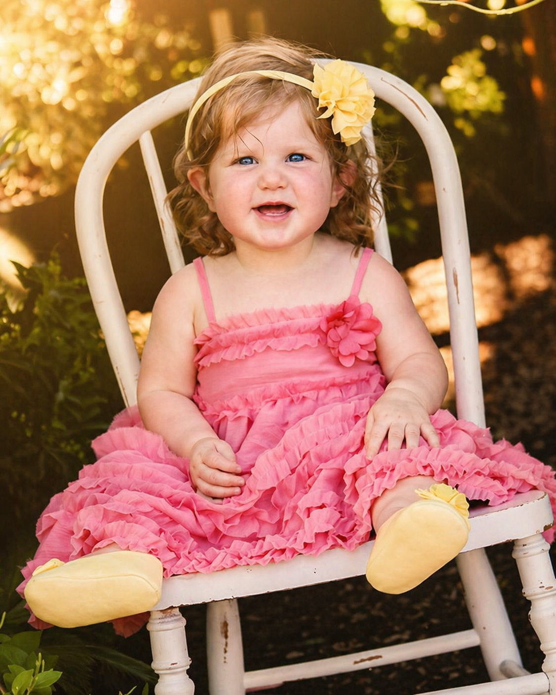 A young girl with curly red hair and blue eyes, sitting on a white wooden chair outdoors. She is wearing a pink ruffled dress, yellow shoes with flowers, and a yellow flower headband. The background is a garden with sunlight filtering through trees.