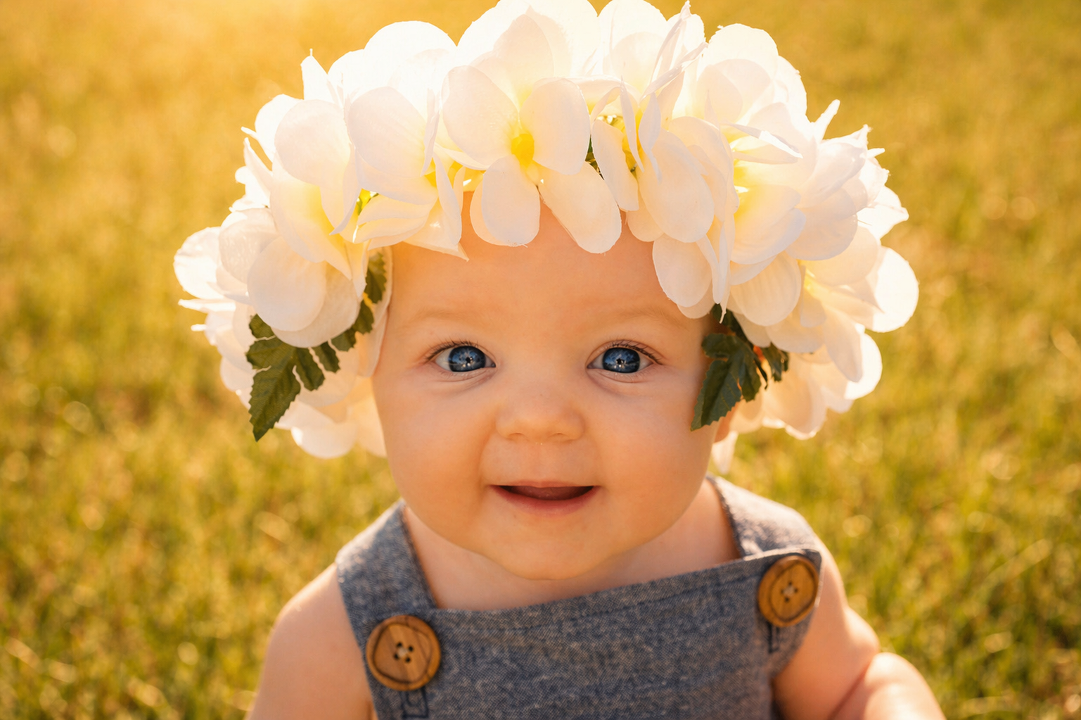 A smiling baby wearing a large white flower crown outdoors in sunlight.