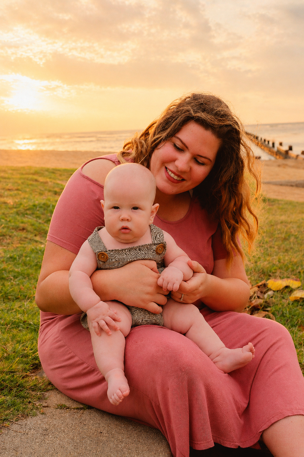 A woman with curly hair and a pink dress holding a baby with light skin and no hair, sitting on a grassy area near the beach at sunset, with a pier in the background.