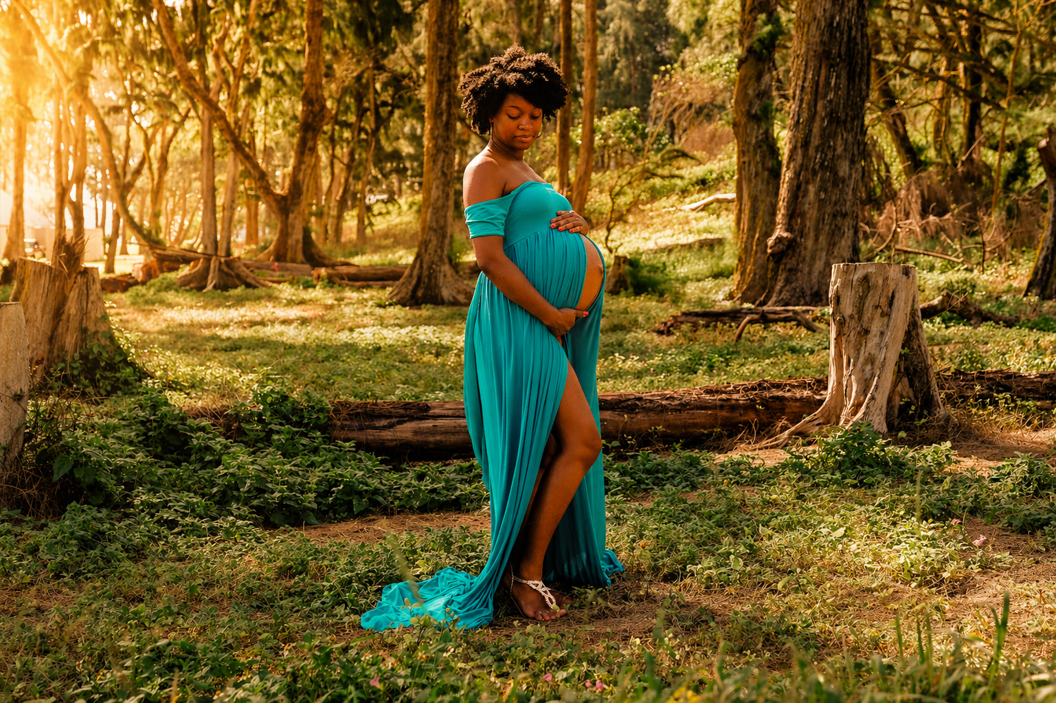 Pregnant woman in a turquoise dress standing in a wooded forest, holding her belly and looking down.