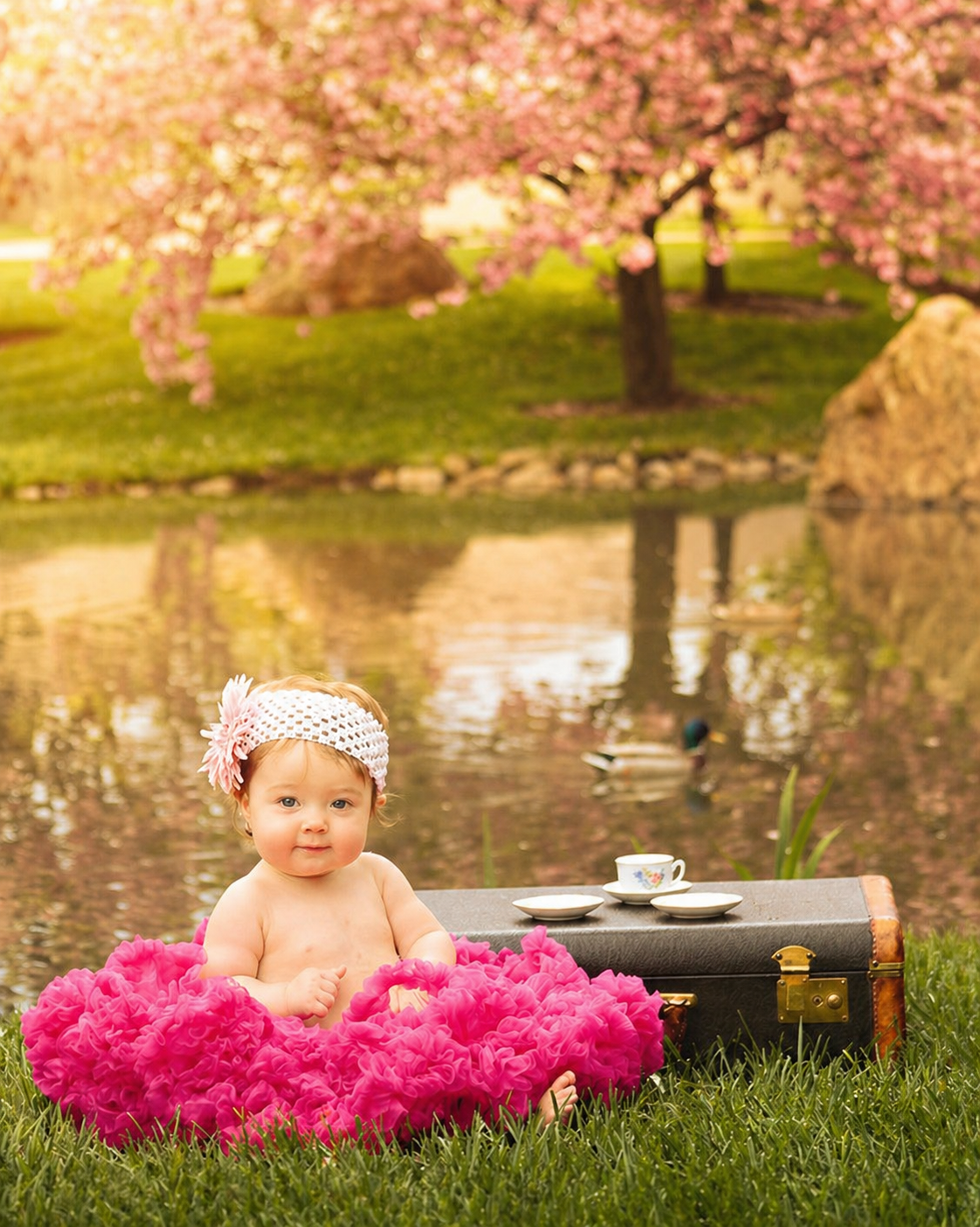A baby girl sitting on green grass near a pond with bloomed pink trees in the background. She has a white crocheted headband with a pink flower and is wearing a bright pink ruffled dress. There is a vintage black suitcase with tea cups and saucers be