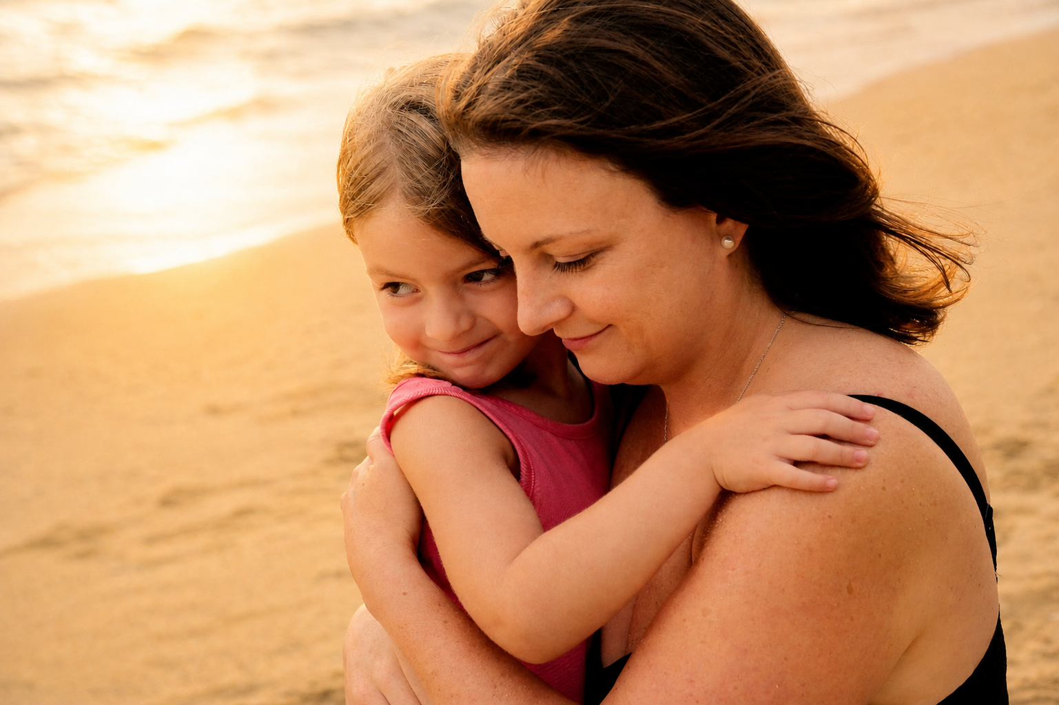 A woman and young girl embracing on the beach at sunset, with the ocean in the background.