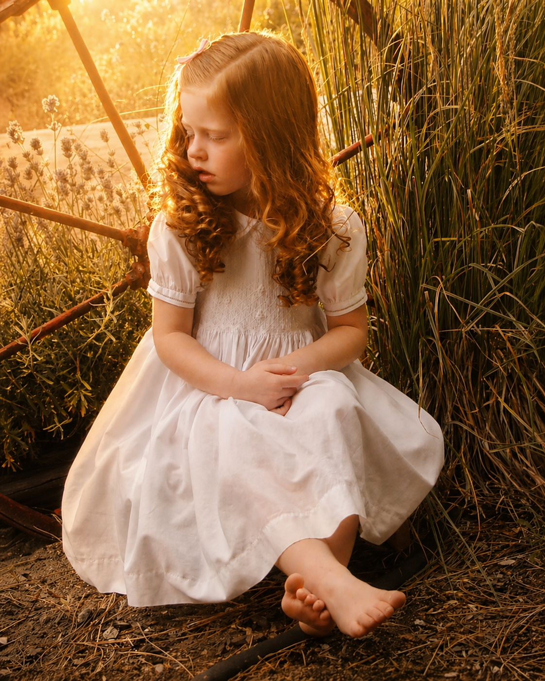 A young girl with curly red hair wearing a white dress, sitting barefoot outdoors during sunset, next to tall grass and plants.