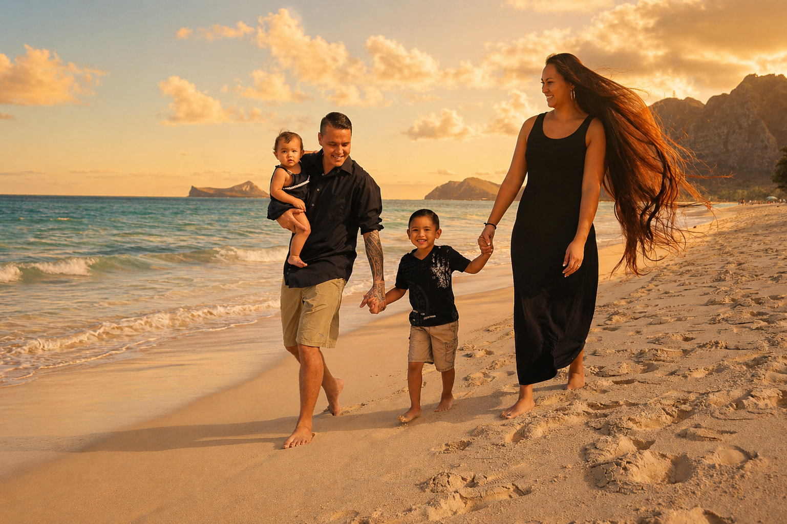 A happy family of four walking on a sandy beach during sunset, holding hands and smiling, with ocean waves, mountains, and a partly cloudy sky in the background.