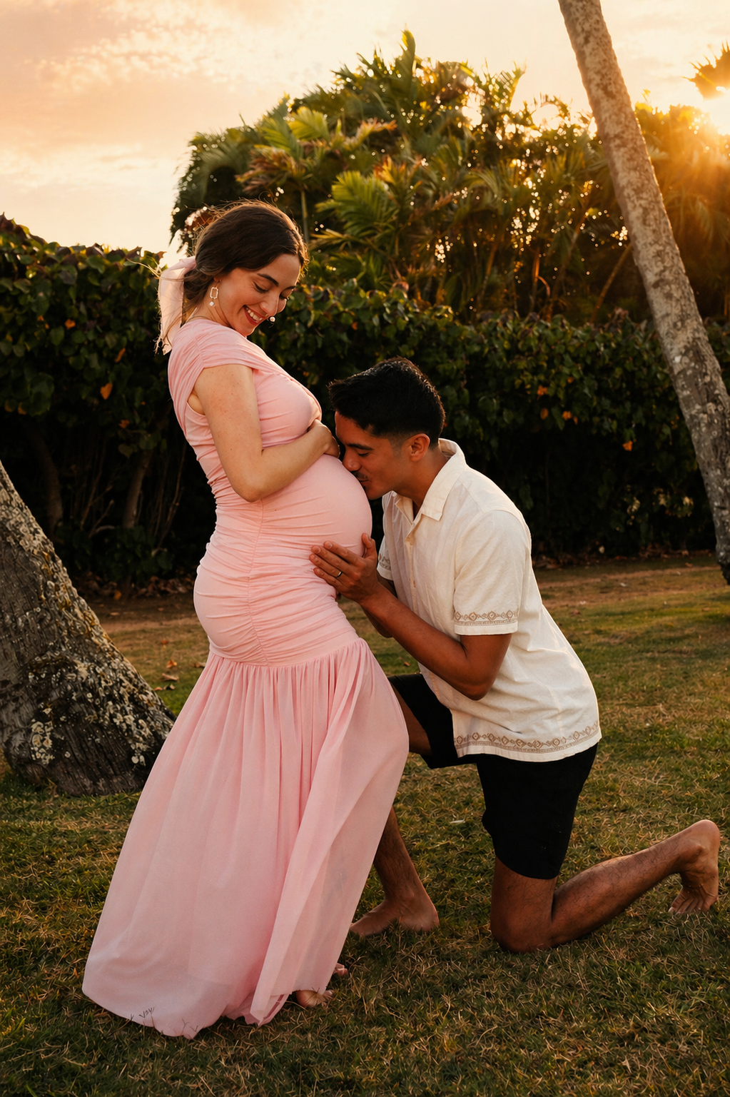 A pregnant woman in a pink dress smiling as she is kissed on the belly by a man kneeling on the grass during sunset in a garden with trees and bushes.