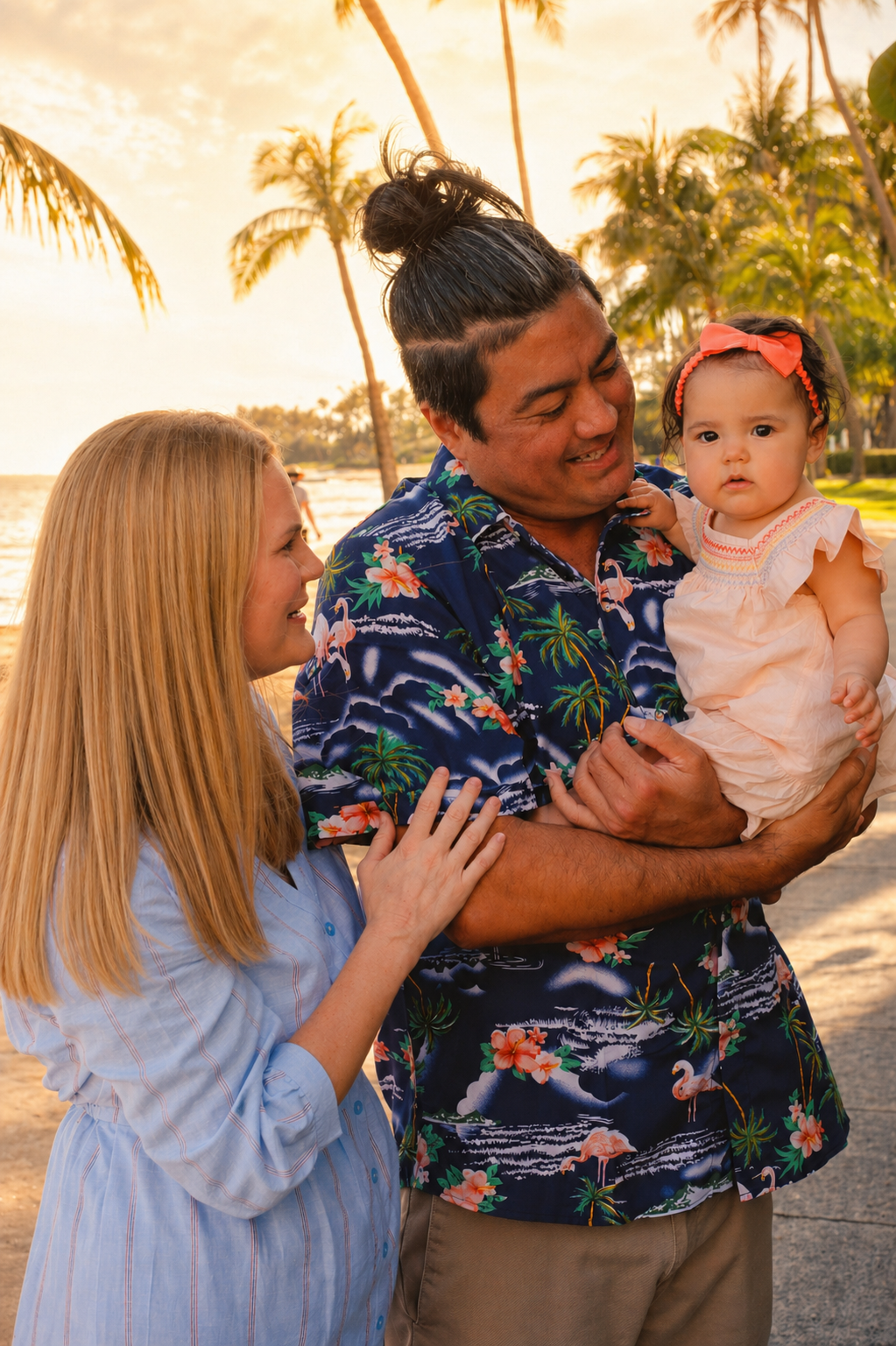 A family of three at the beach during sunset. A woman with long blonde hair and a man with dark hair and a woman with a pink bow in her hair are smiling and engaging with a baby girl with dark hair in a pink headband. The man is holding the baby, and