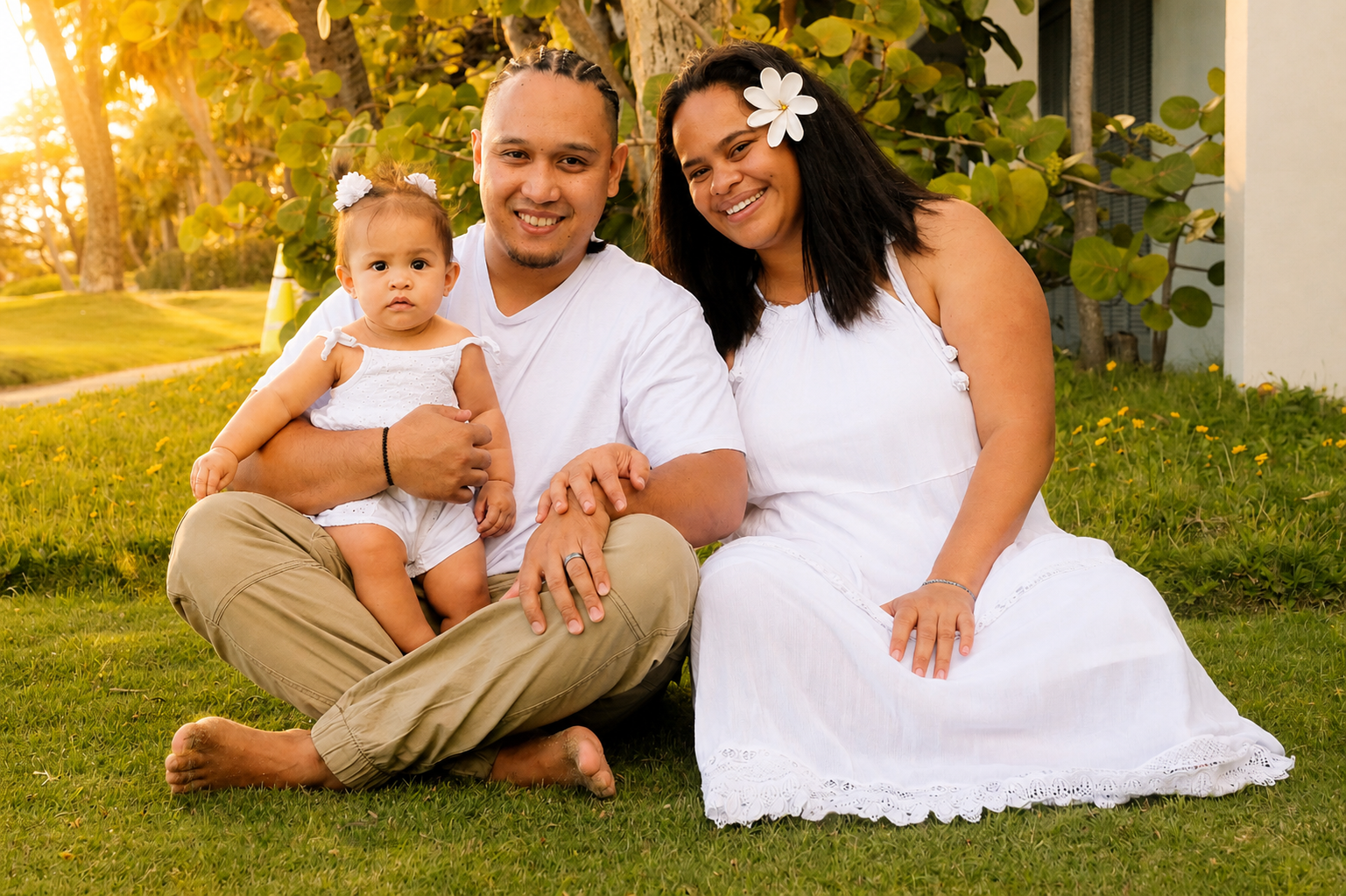 Family sitting on grass in a park, with sunlight filtering through trees, including a man, a woman, and a young girl, all dressed in white, smiling at the camera.