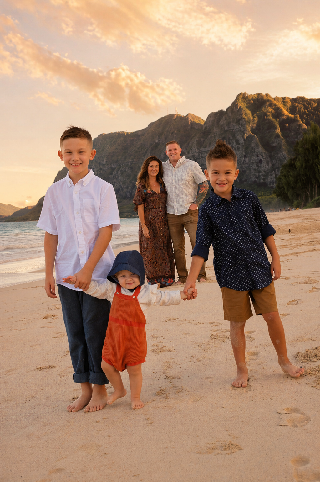 A family of six standing on a beach at sunset, with cliffs and a cloudy sky in the background. The four children in the foreground are holding hands and smiling, while the parents stand behind them.