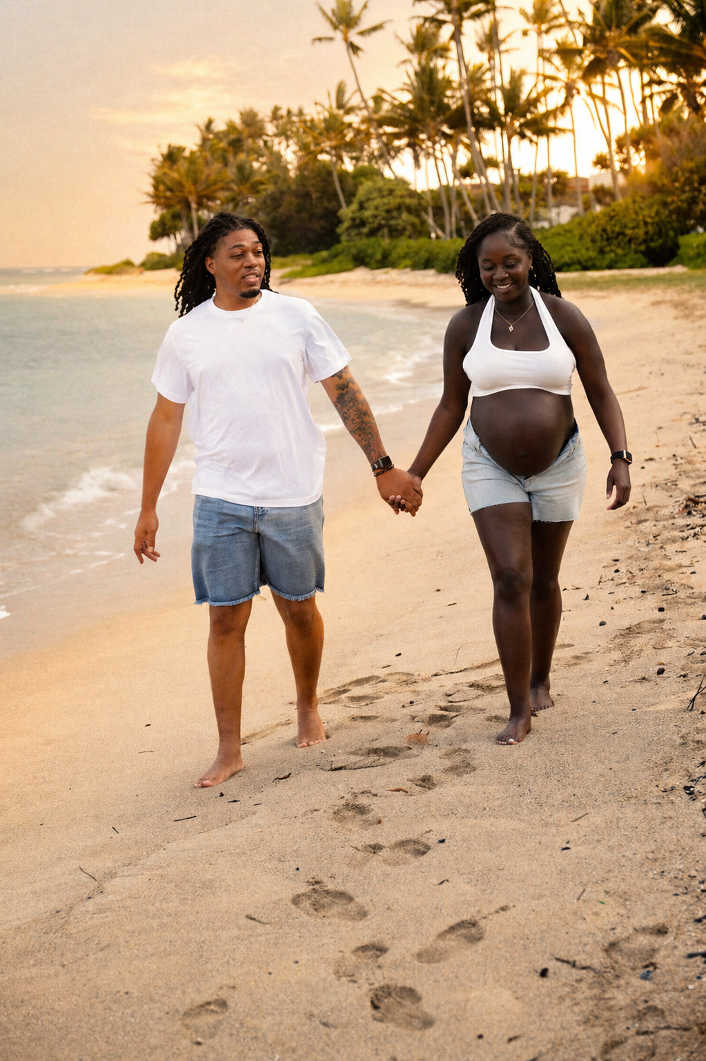 A pregnant woman and her partner walk hand in hand on a sandy beach during sunset, surrounded by palm trees and greenery.