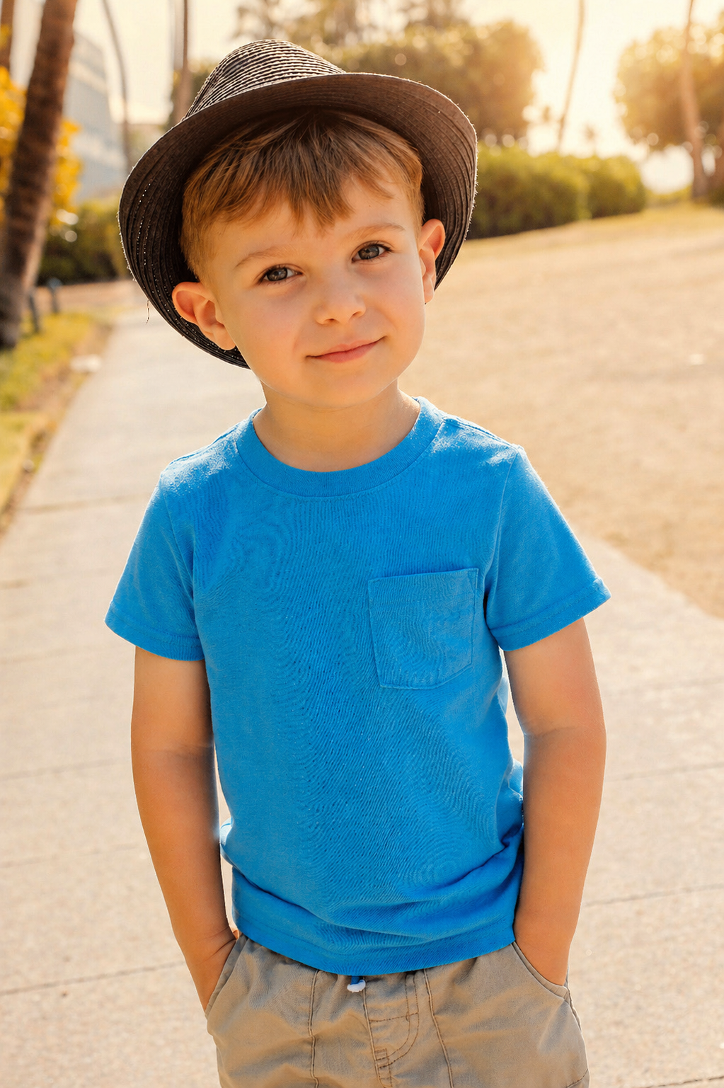 Young boy with light brown hair, wearing a blue t-shirt with a pocket, khaki shorts, and a black summer hat, standing outdoors on a sunny day with trees and a sidewalk in the background.