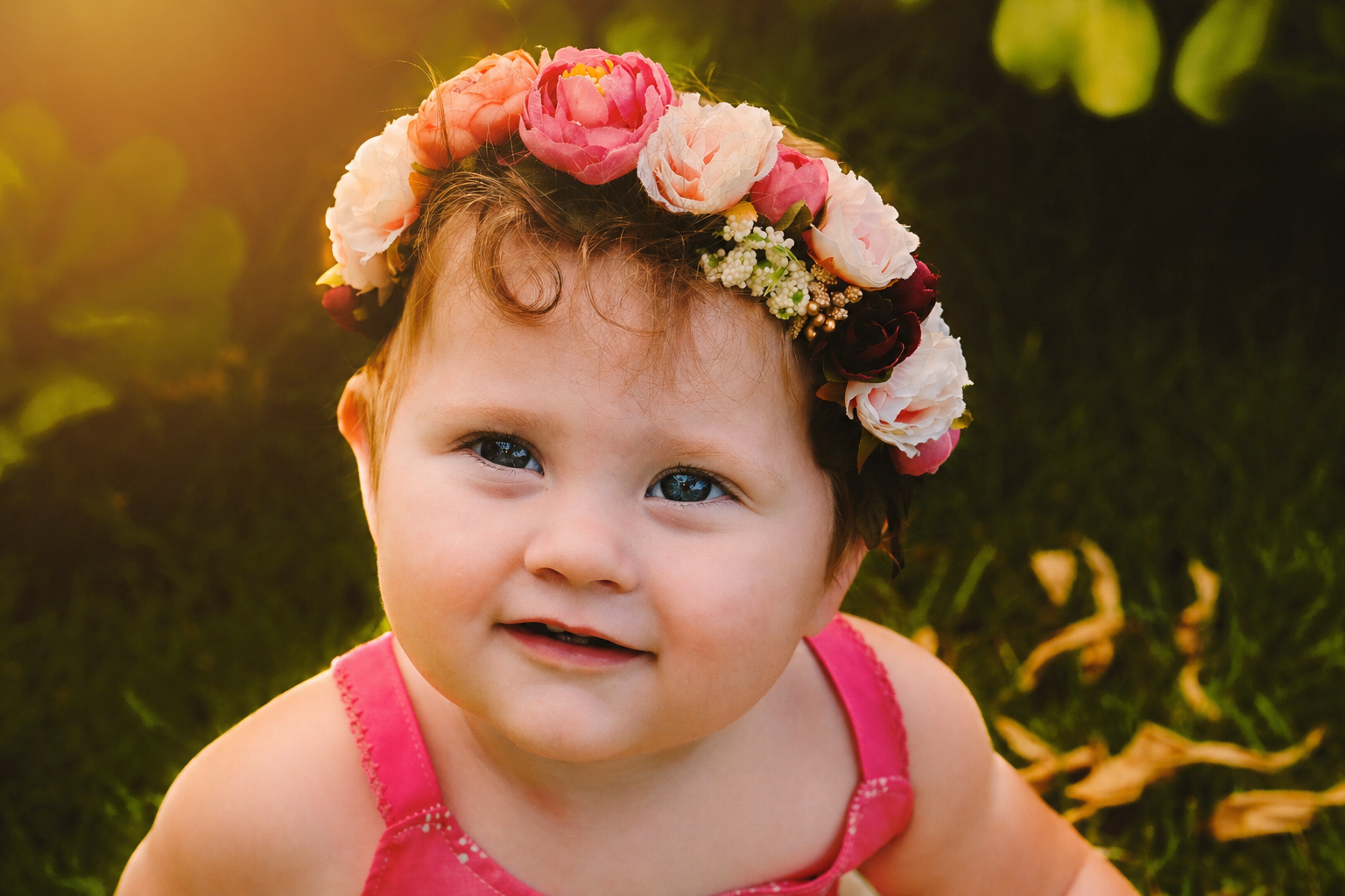 A young girl with blue eyes wearing a crown of pink, white, and dark red flowers, and a pink dress, outdoors in a grassy area during golden hour.