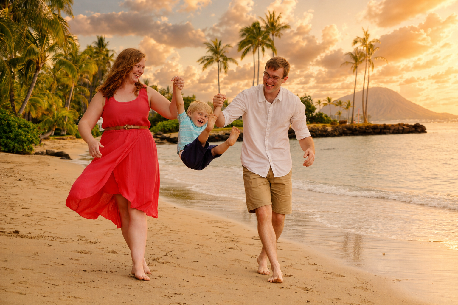 A family of three enjoying a joyful moment on the beach during sunset, with palm trees and mountains in the background.