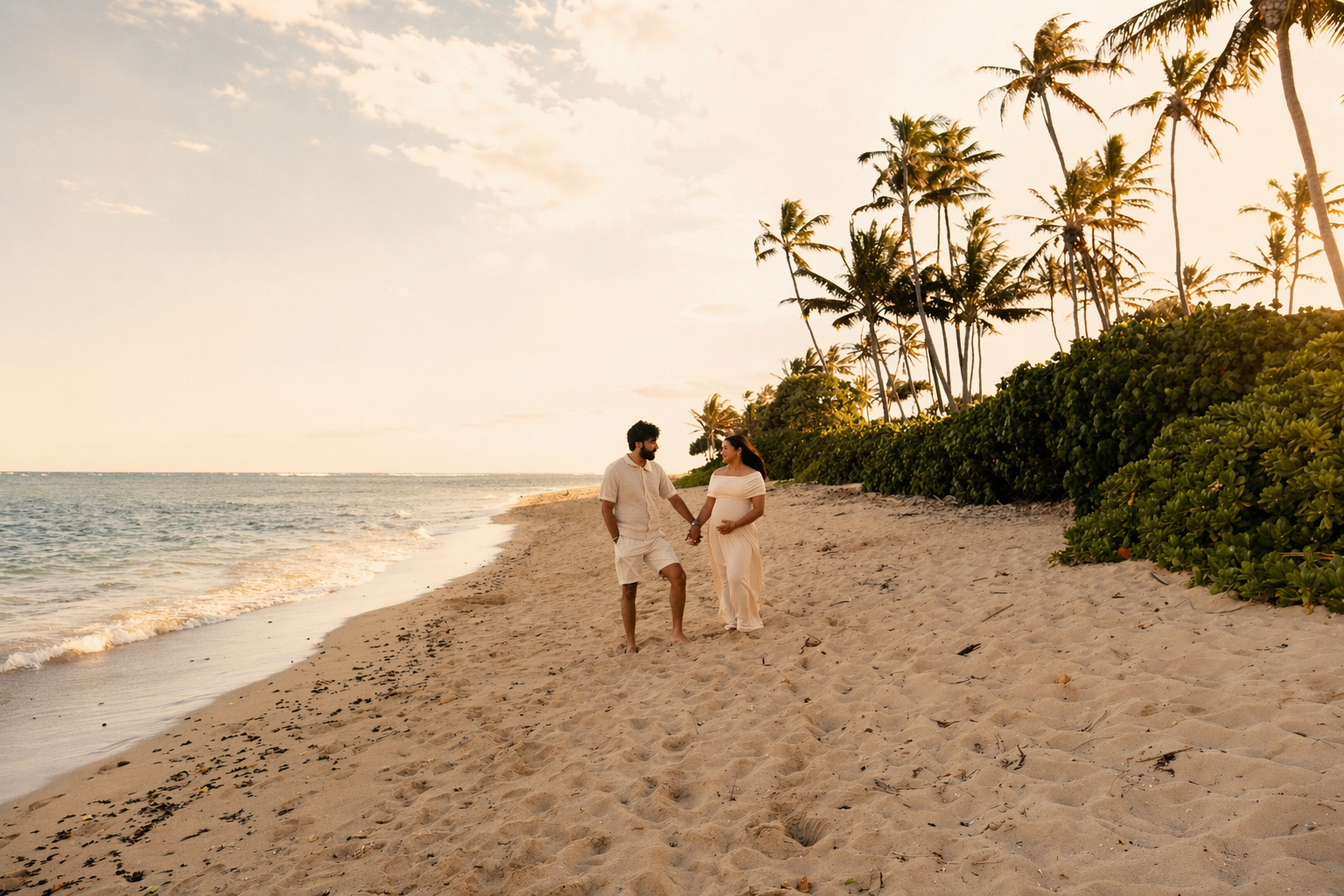 A couple walking hand in hand along a sandy beach with palm trees and green bushes, during sunset.