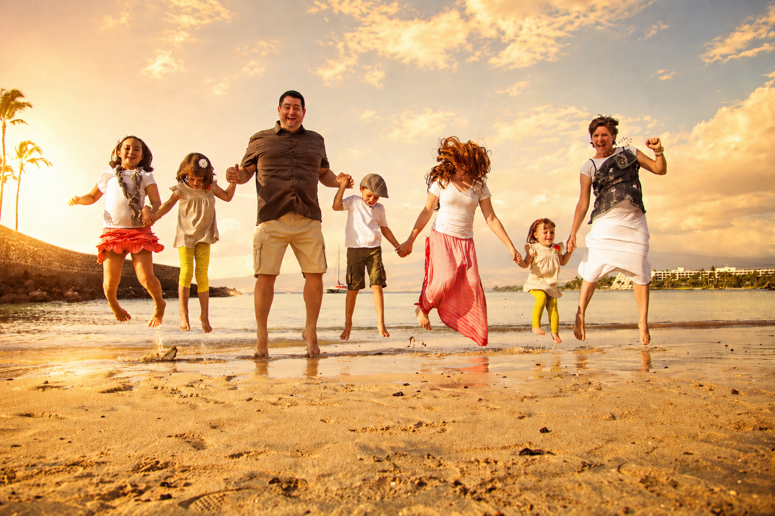 A joyful family holding hands and jumping on a sandy beach at sunset, with a clear sky and calm water in the background.