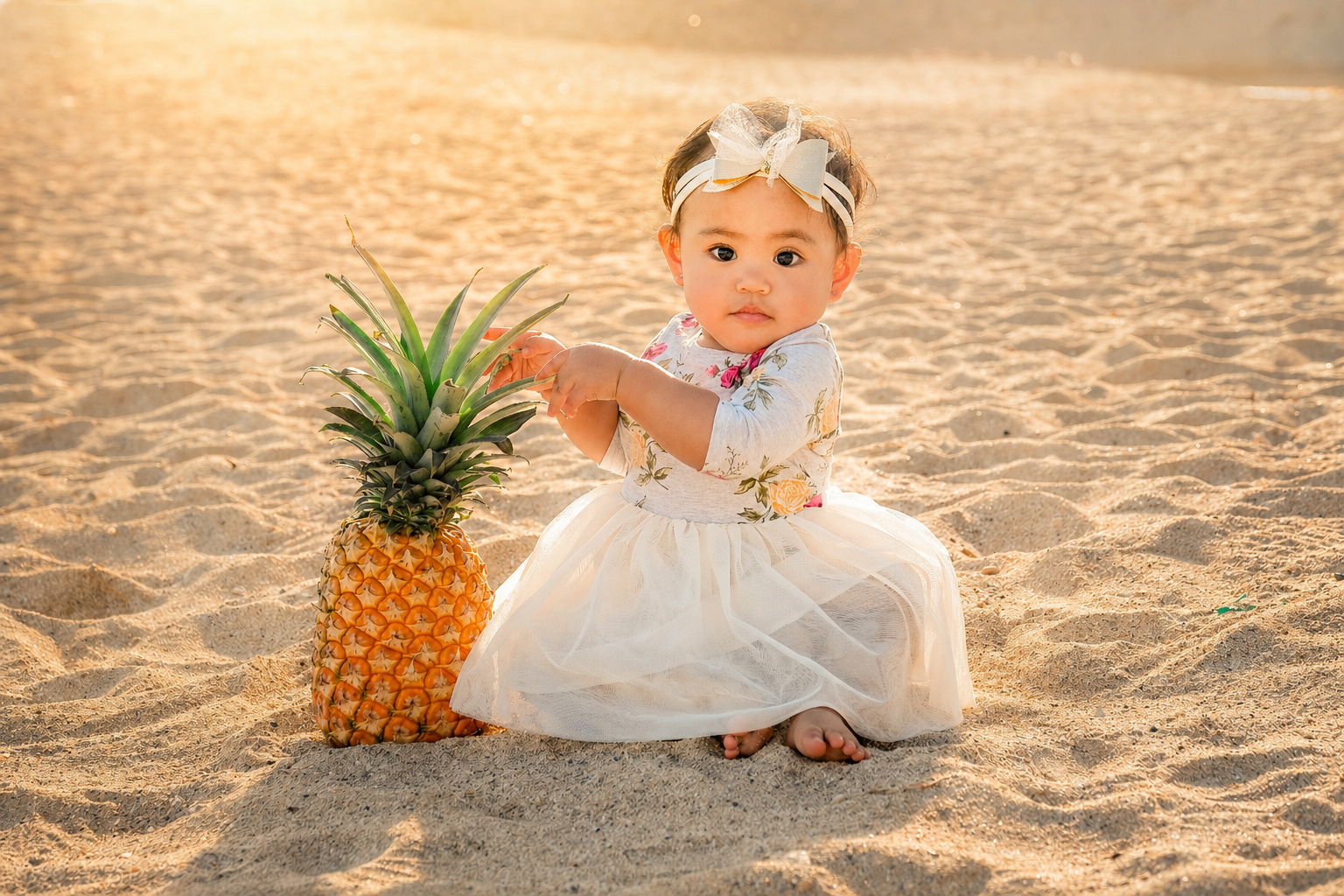 A young girl in a cream-colored floral dress with a tulle skirt sitting on sandy beach, holding a pineapple, with sunset in background