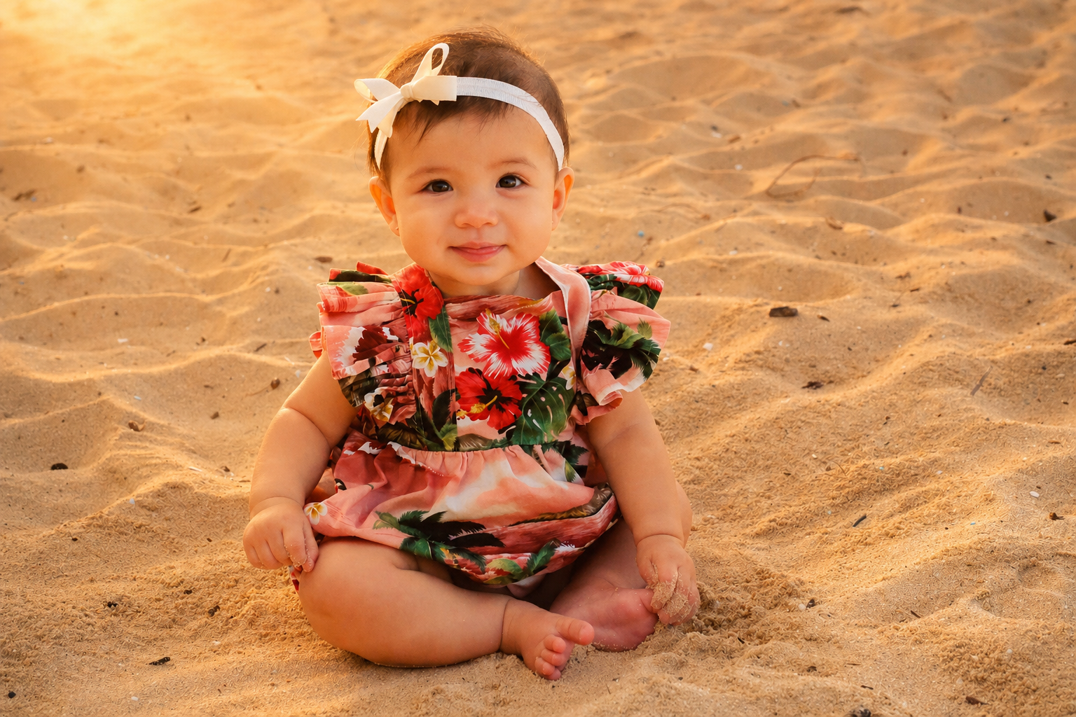 A smiling baby girl sitting on sandy beach, wearing a floral dress and a white headband with a bow.