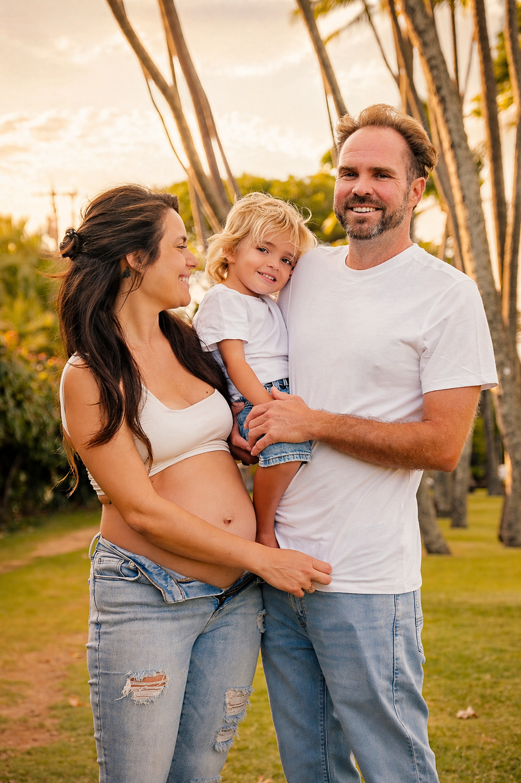 A happy family outdoors at sunset with palm trees in the background. A pregnant woman, a man, and a young girl are smiling and looking at each other. The woman is touching her belly and wearing a white crop top and ripped jeans. The man is wearing a 
