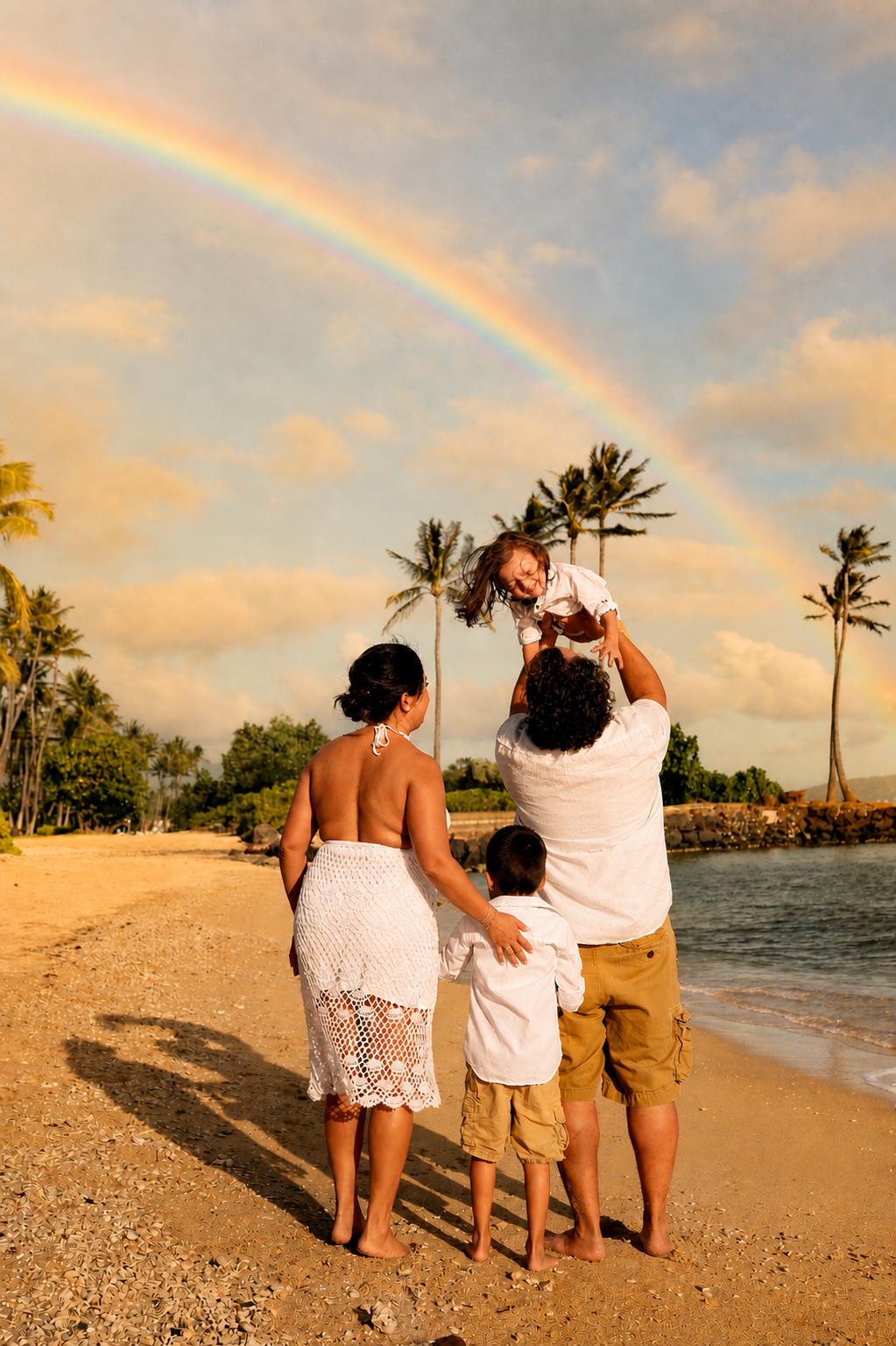 A family of four enjoying the beach at sunset with a rainbow in the sky. The father lifts a young girl, the mother stands beside a boy, all dressed in light summer clothing, with palm trees and the ocean in the background.