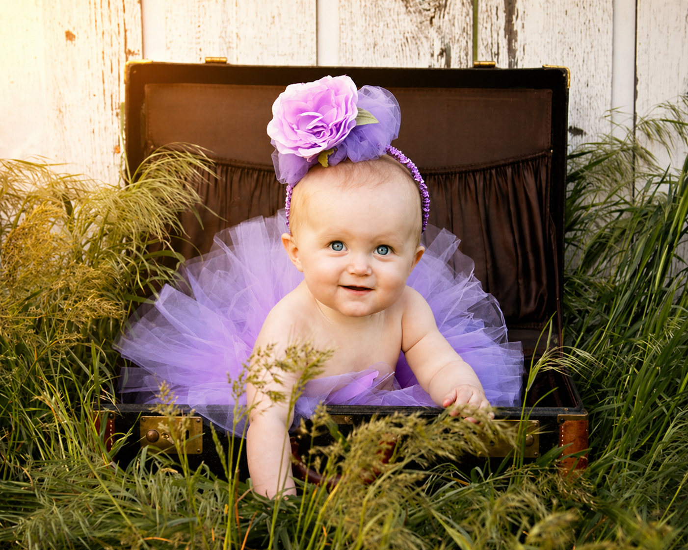 A baby girl with blue eyes, wearing a purple tutu and headband with a large purple flower, sitting inside an open vintage suitcase outdoors surrounded by tall grass and plants.