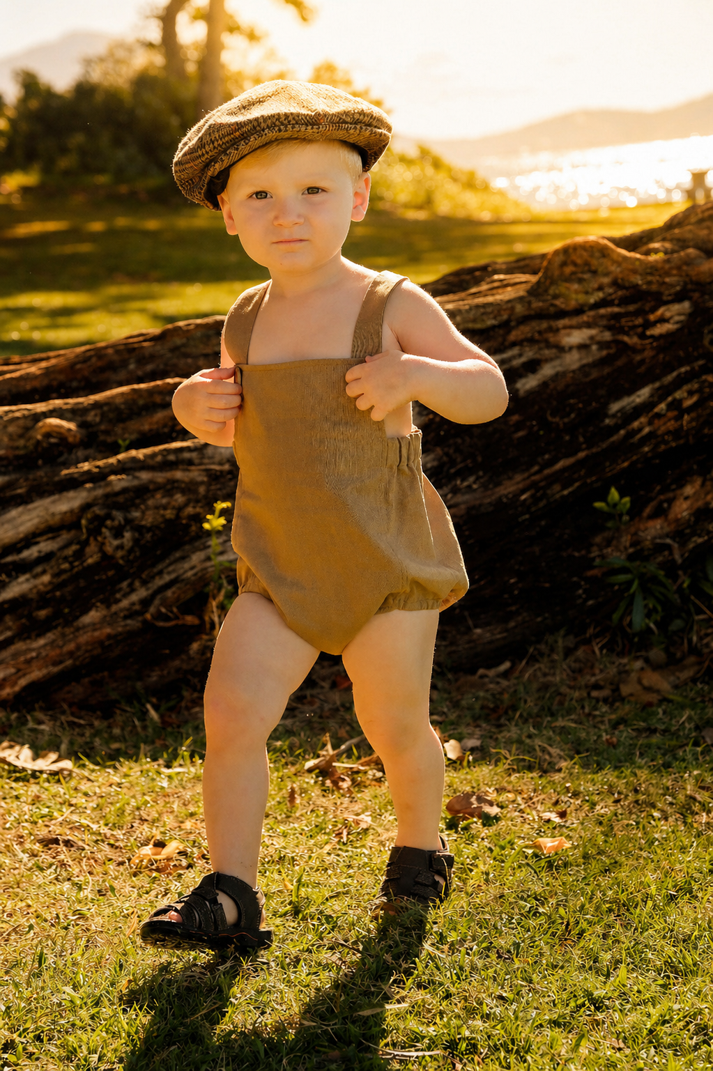 A young boy wearing a brown cap, tan overalls, and black sandals standing outdoors on grass. He is holding the straps of his overalls and looking at the camera with a serious expression. In the background, there is a fallen log, trees, and a body of 