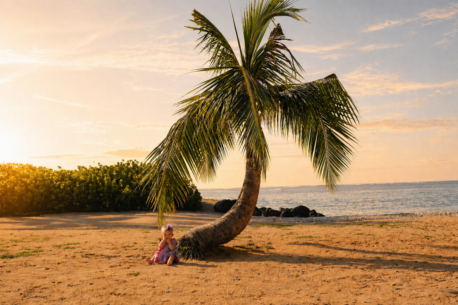 A young girl sitting on sandy beach under a leaning palm tree during sunset, with ocean and sky in the background.