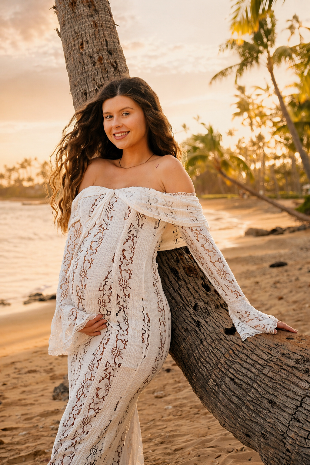 A young woman in a white lace off-shoulder dress leaning against a palm tree on a sandy beach during sunset, with palm trees and the ocean in the background.