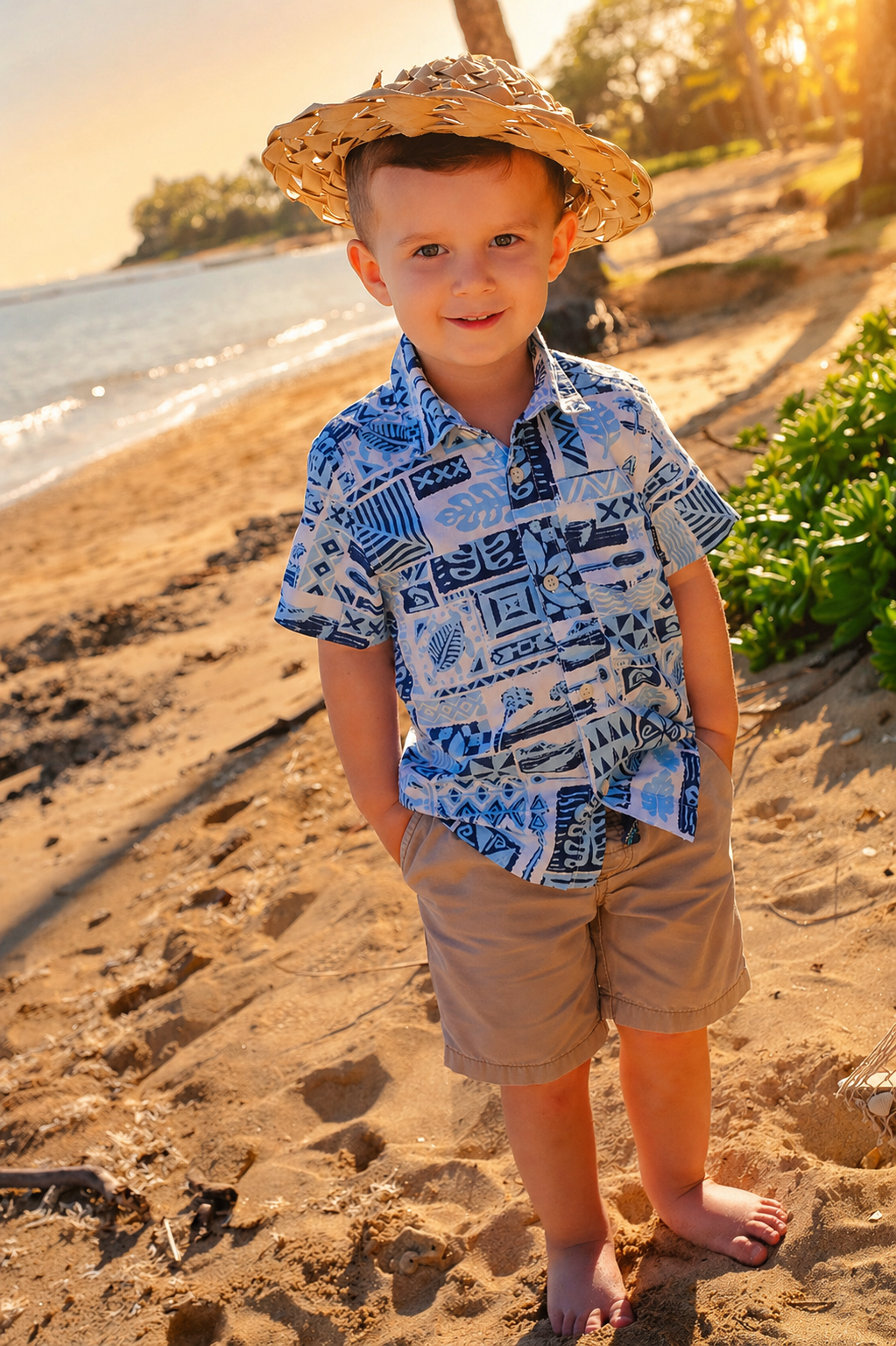 A young boy stands on a sandy beach at sunset, wearing a patterned shirt, beige shorts, and a wide-brimmed straw hat, with the ocean and some greenery in the background.