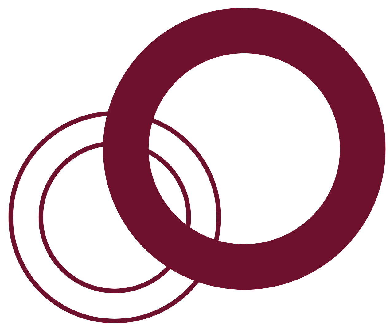 Overlapping circles in burgundy and purple on a black background.